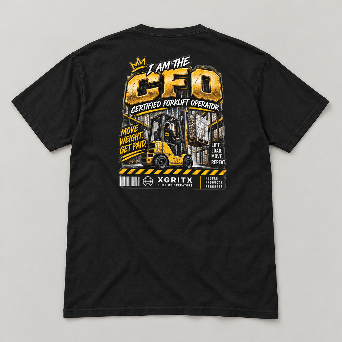 AI flat-lay mockup of the back of the Black CFO Certified Forklift Operator T-shirt with the large forklift and warehouse graphic.