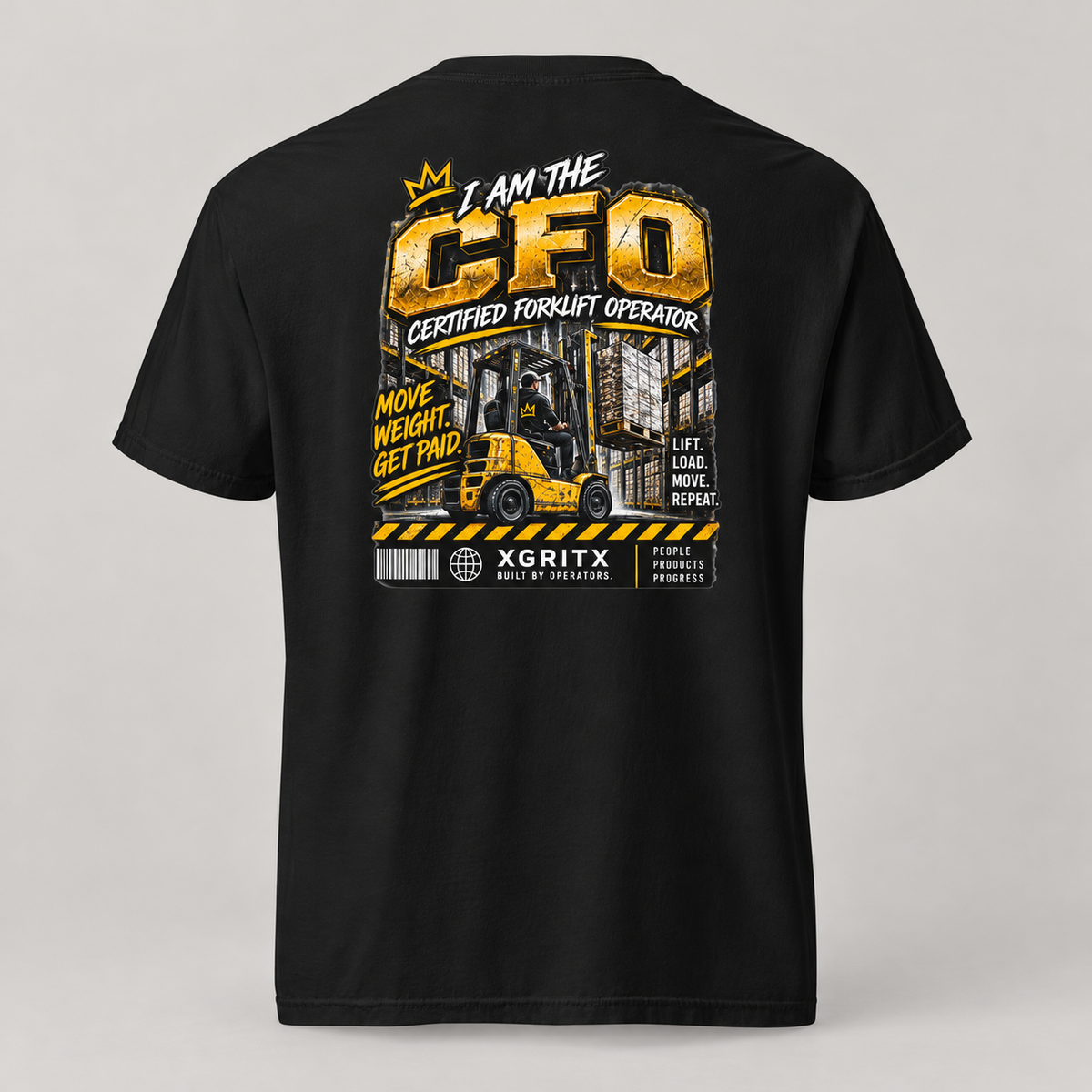 AI mockup of the Black CFO Certified Forklift Operator T-shirt, full back view with the I Am The CFO Move Weight Get Paid warehouse graphic.