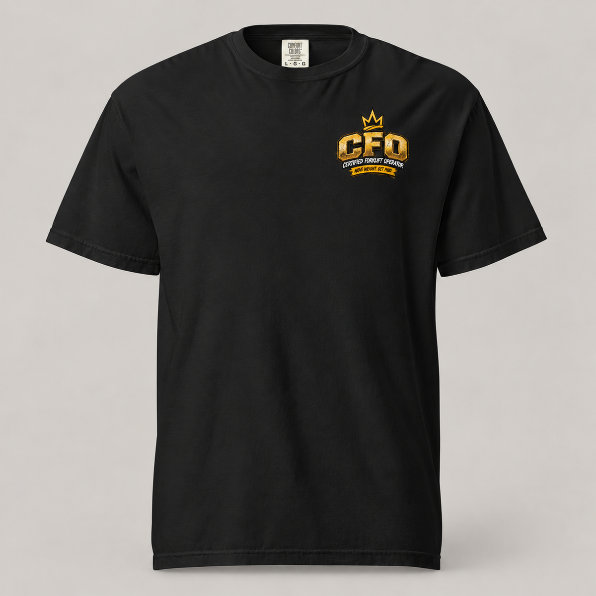 AI mockup of the Black CFO Certified Forklift Operator T-shirt, full front view with a small gold crown badge on the left chest and plain sleeves.