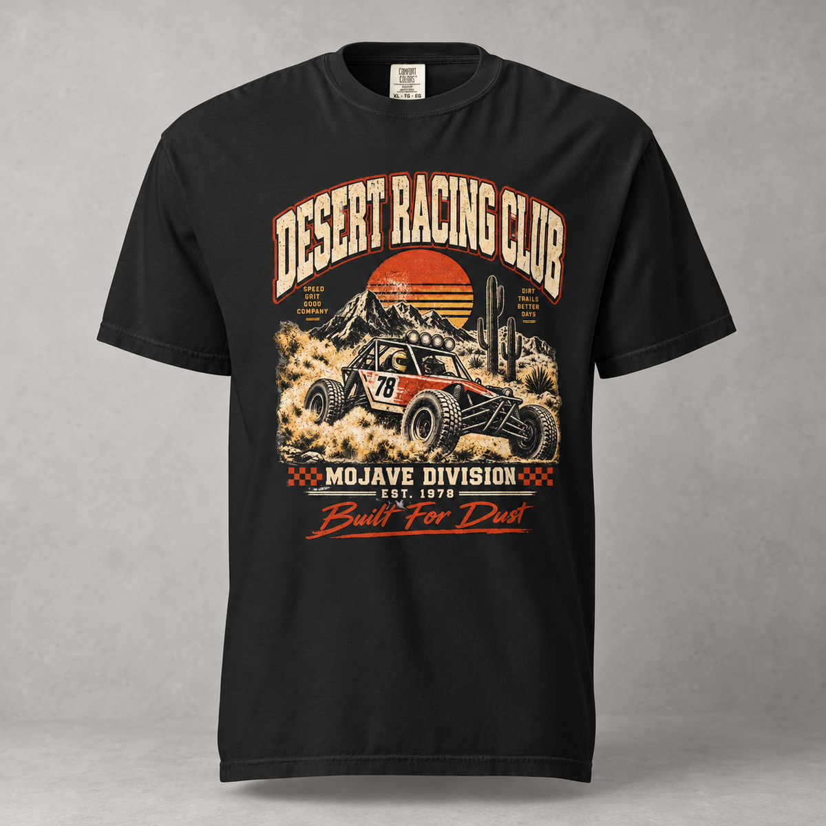 AI mockup of the Black Desert Racing Club Mojave Division T-shirt, front view with vintage off-road buggy graphic.