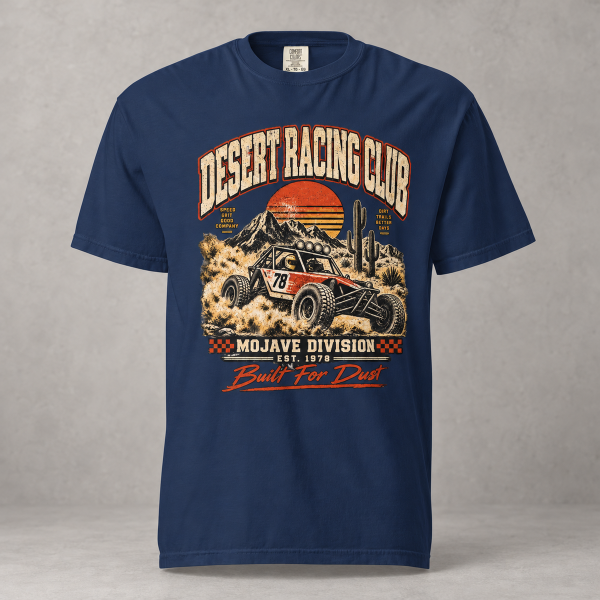 AI mockup of the True Navy Desert Racing Club Mojave Division T-shirt, front view with vintage off-road buggy graphic.