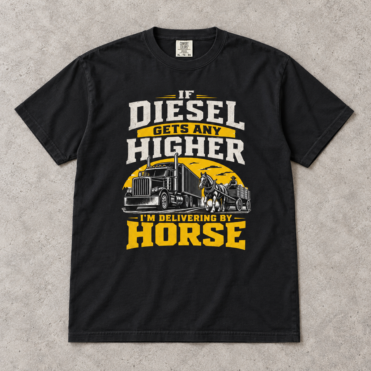 AI flat-lay mockup of the Black Diesel Prices Horse Delivery T-shirt with the truck and horse delivery graphic.