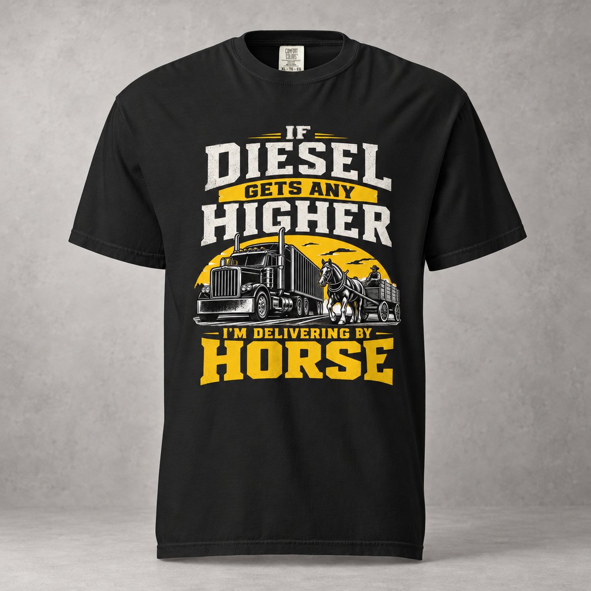 AI mockup of the Black Diesel Prices Horse Delivery T-shirt, front view with truck and horse delivery graphic.