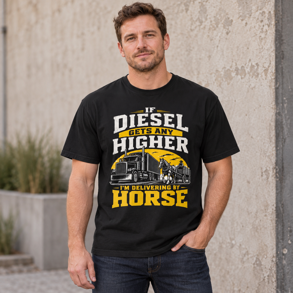 AI lifestyle mockup of the Black Diesel Prices Horse Delivery T-shirt worn by a model, showing the front graphic.
