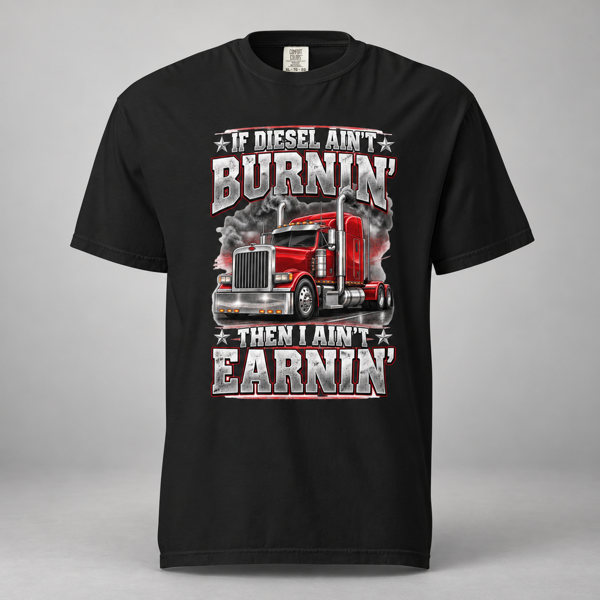 AI mockup of the Black If Diesel Ain't Burnin' Then I Ain't Earnin' T-shirt, front view with red semi-truck and chrome-effect lettering.