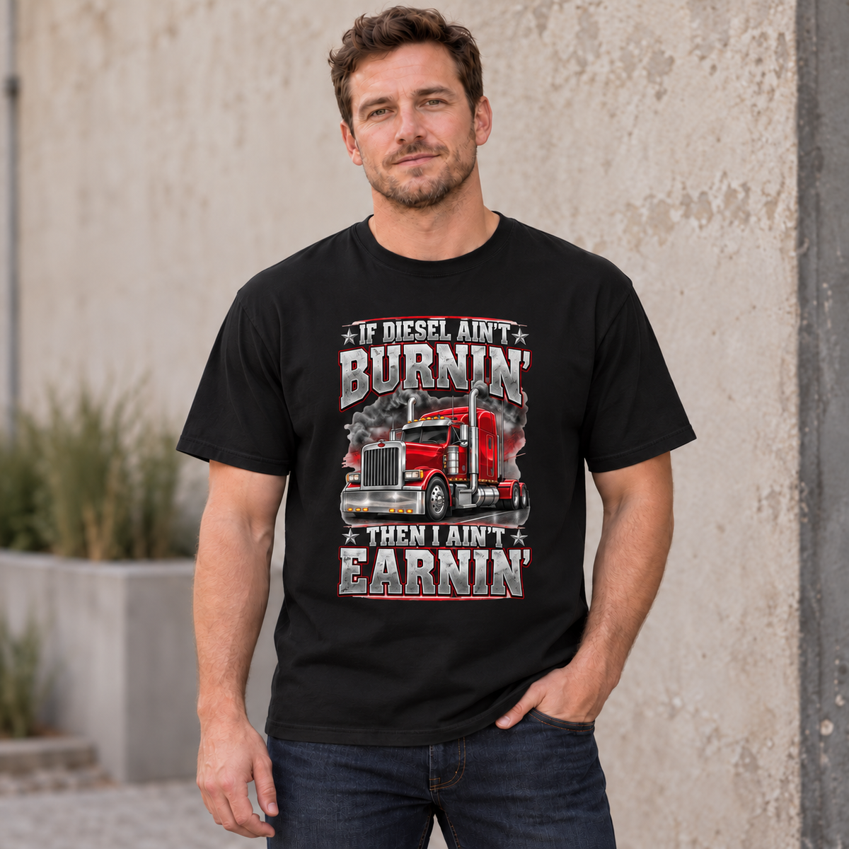AI lifestyle mockup of the Black If Diesel Ain't Burnin' Then I Ain't Earnin' T-shirt worn by a model, showing the red semi-truck front graphic.