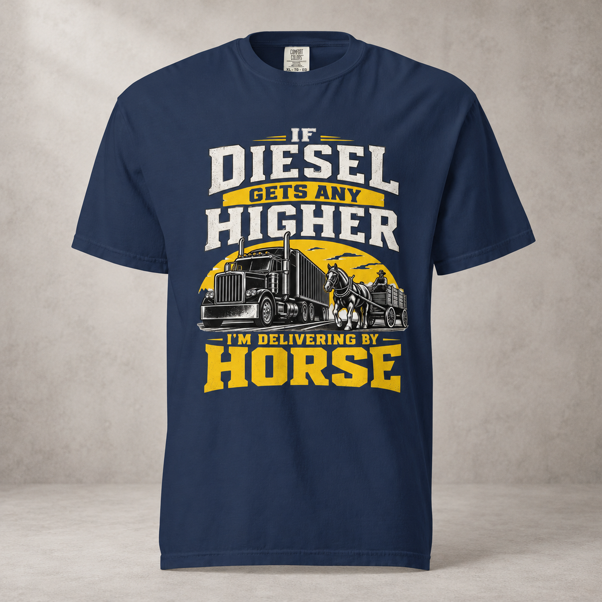 AI mockup of the True Navy Diesel Prices Horse Delivery T-shirt, front view with truck and horse delivery graphic.