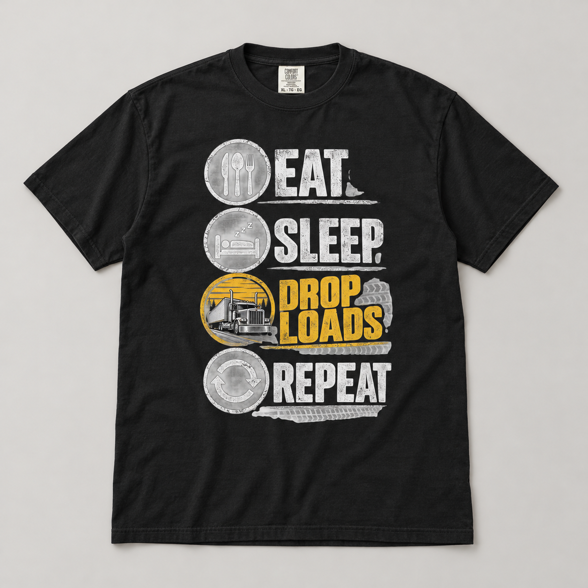 AI flat-lay mockup of the Black Eat Sleep Drop Loads Repeat T-shirt with the truck and stacked icon graphic.