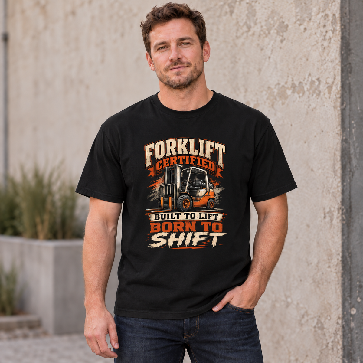 AI lifestyle mockup of the Black Forklift Certified Built to Lift Born to Shift T-shirt worn by a model, showing the forklift front graphic.