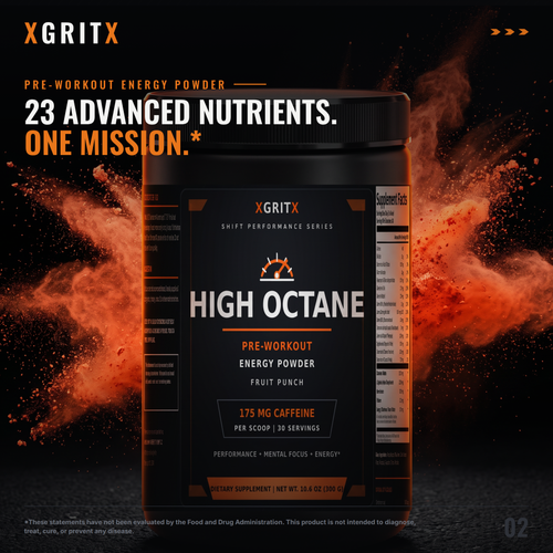 XGRITX HIGH OCTANE — 23 advanced nutrients, one mission: pre-workout with orange powder burst