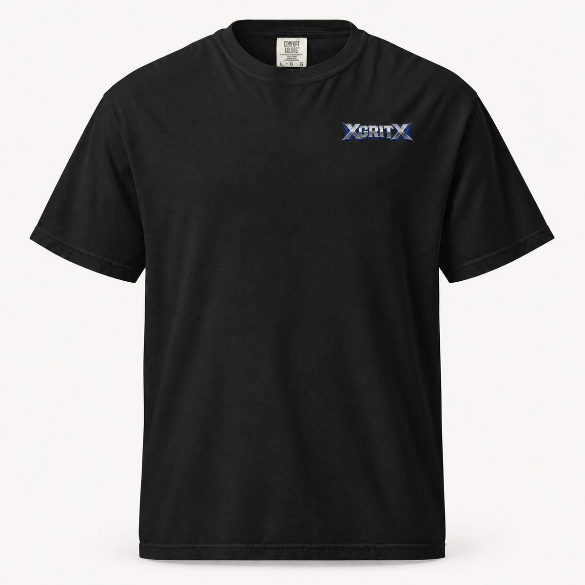 Black T-shirt front with small silver and blue XGRITX left-chest logo.