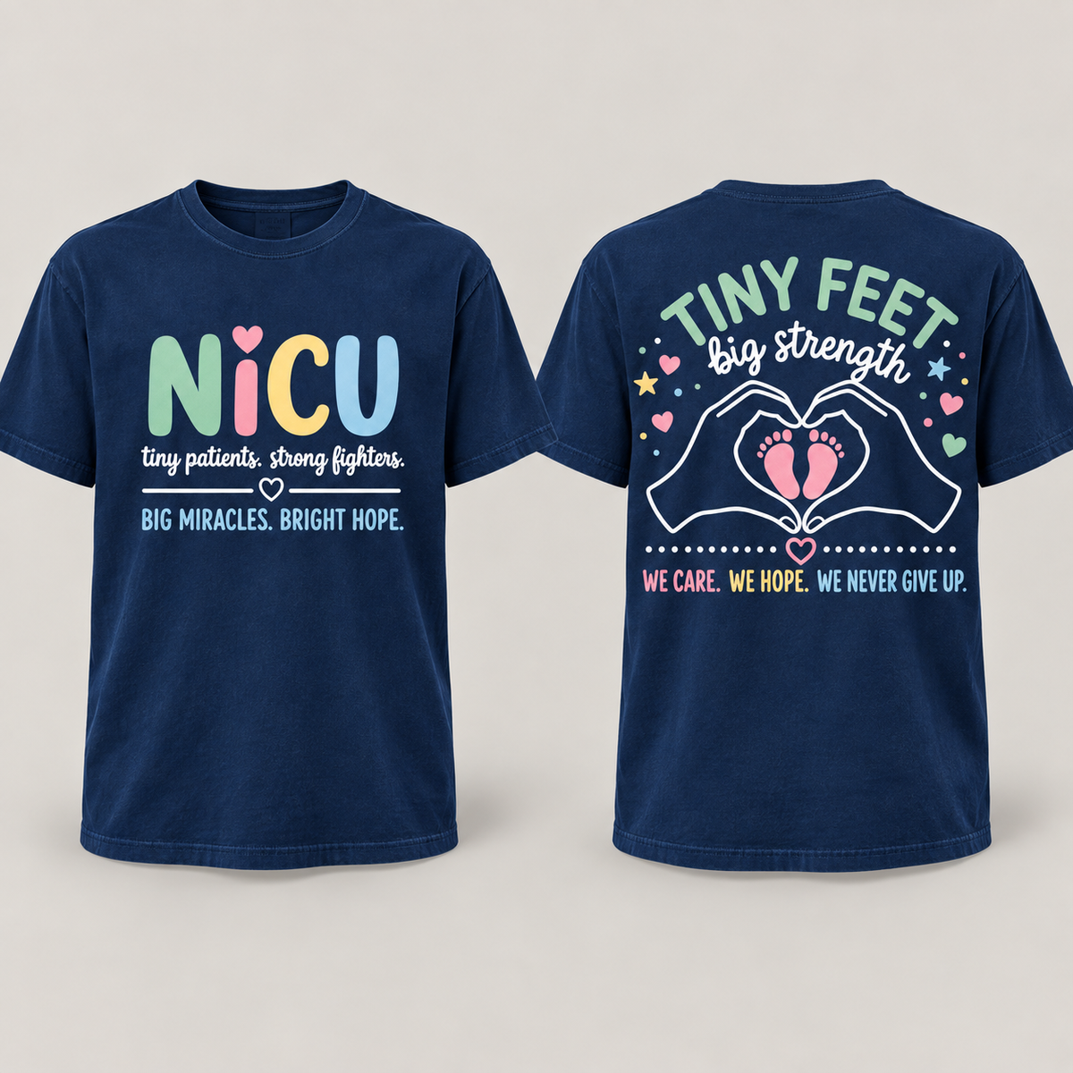 Side-by-side front and back designs of the True Navy XGRITX NICU Tiny Feet Big Strength T-shirt
