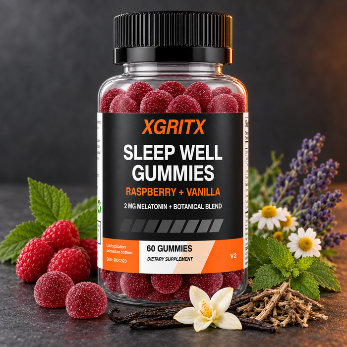 XGRITX Sleep Well Gummies with raspberry vanilla and botanical ingredients