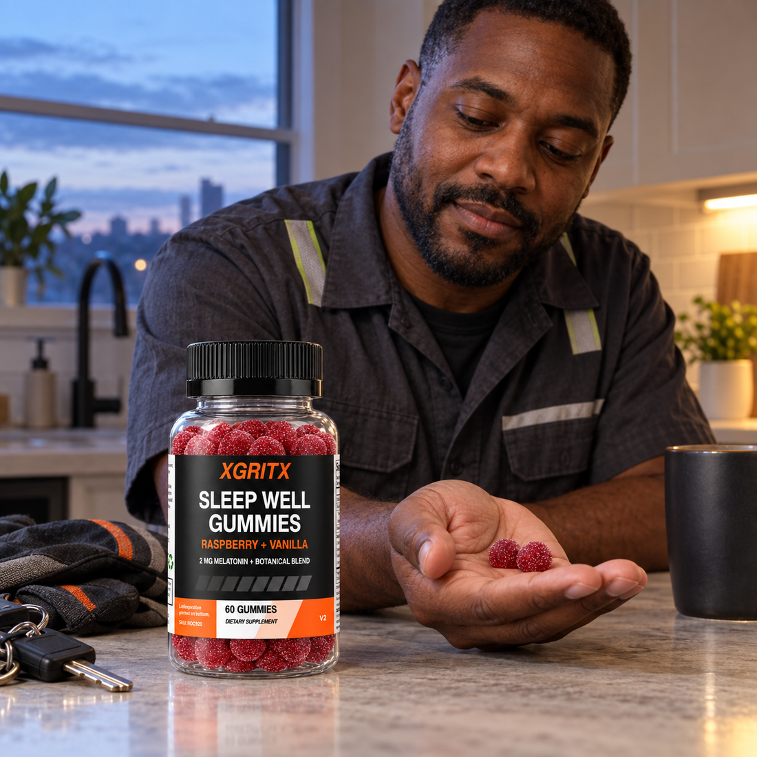 Night shift warehouse worker preparing XGRITX Sleep Well Gummies after work