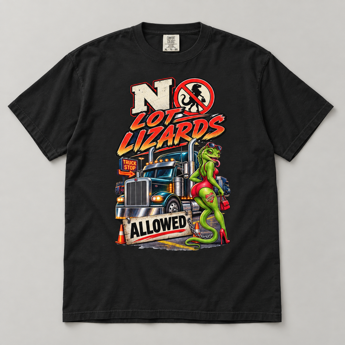 AI flat-lay mockup of the Black No Lot Lizards Allowed T-shirt with the cartoon lizard, semi-truck and truck-stop graphic.