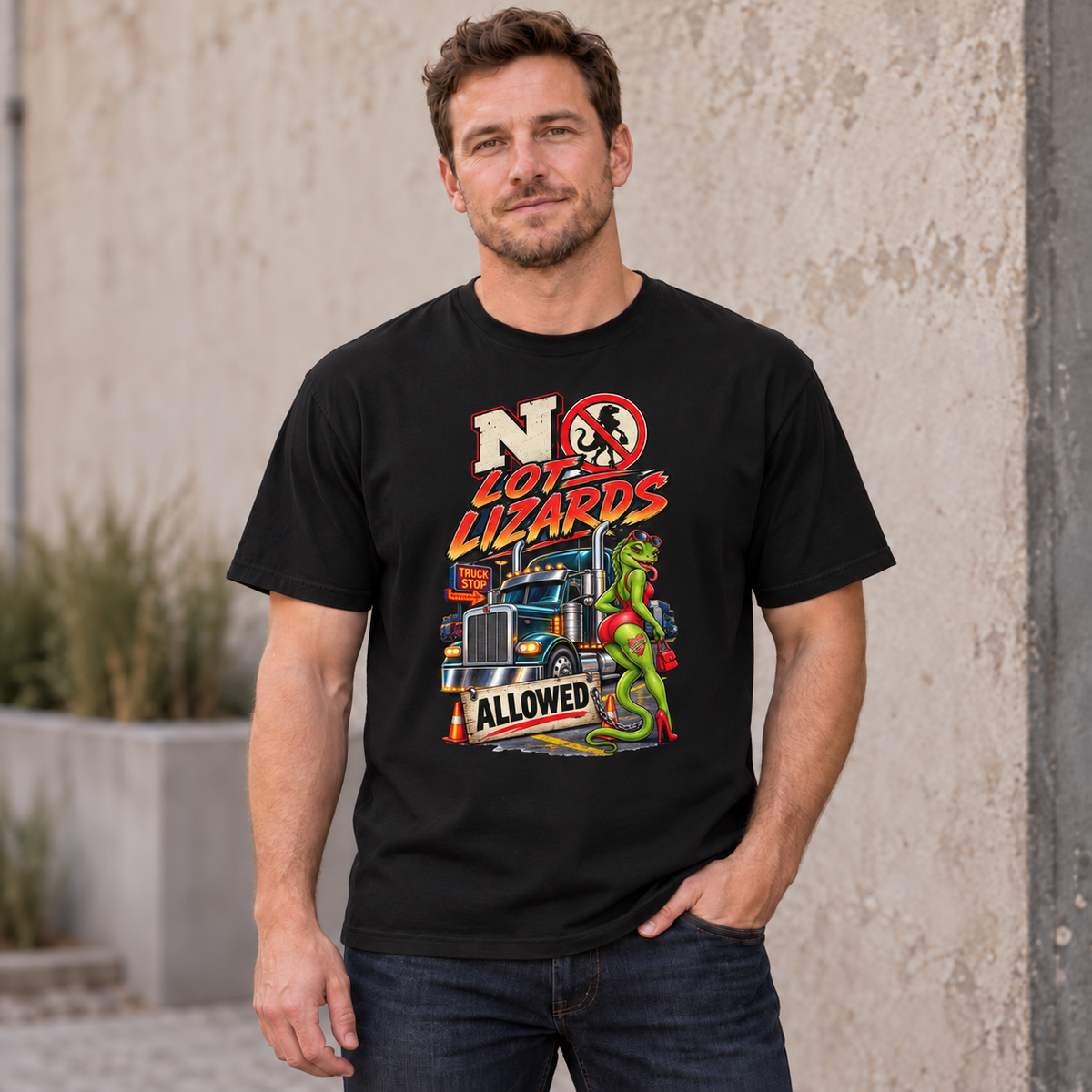 AI lifestyle mockup of the Black No Lot Lizards Allowed T-shirt worn by a model, showing the cartoon lizard and semi-truck front graphic.