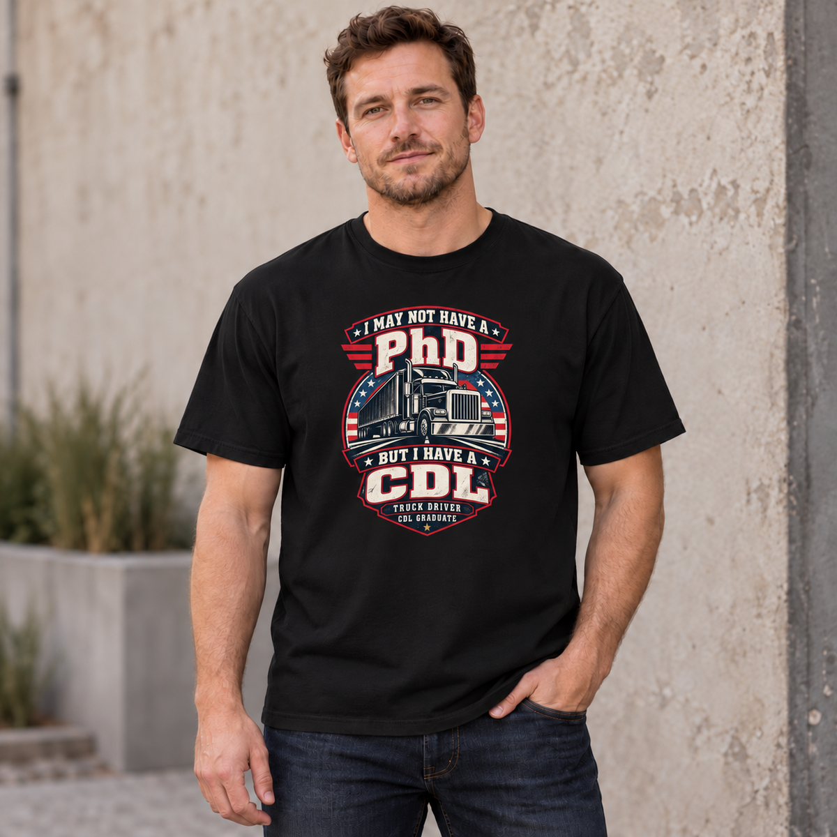 AI lifestyle mockup of a male model wearing a Black patriotic PhD versus CDL trucker graduation T-shirt with a red, cream and navy semi-truck badge.