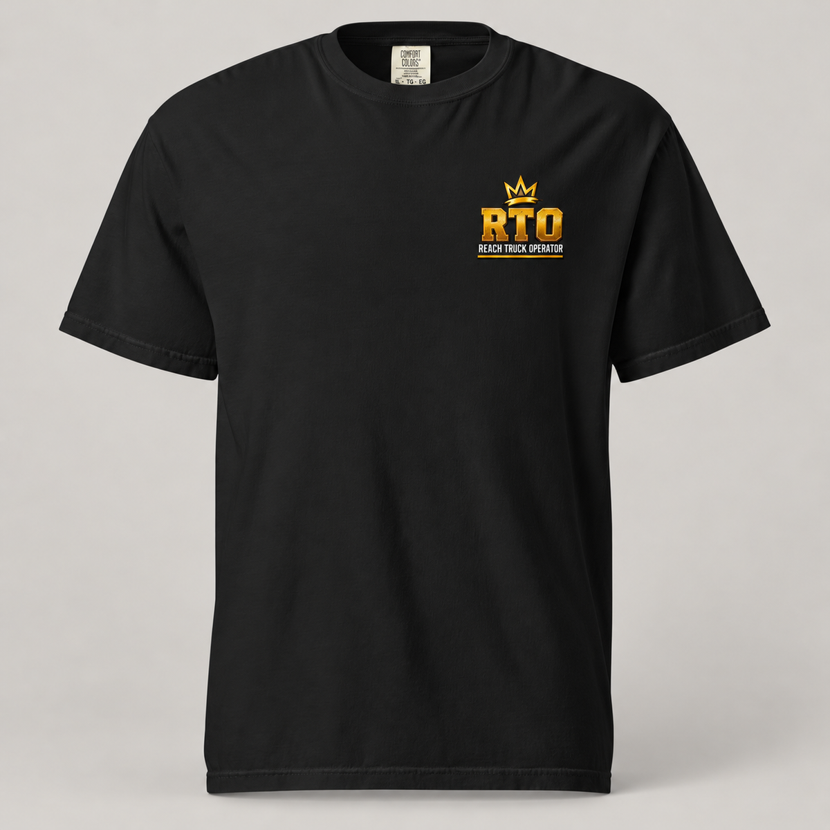 AI mockup of the Black RTO Reach Truck Operator T-shirt, full front view with a small gold crown badge on the left chest.