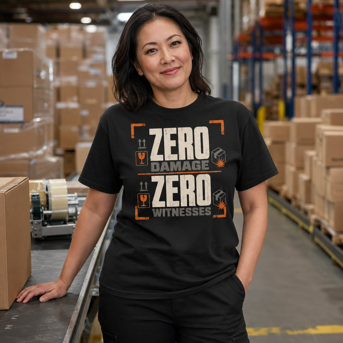 Zero Damage Zero Witnesses warehouse humor heavyweight T-shirt in black, front view